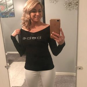 Bebe Long Sleeved Ribbed Logo Rhinestone Top